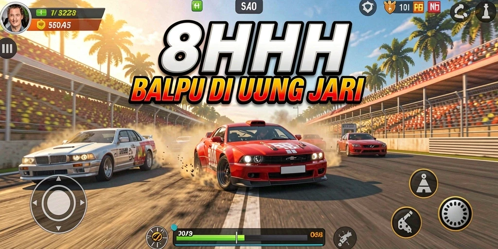 Tampilan gameplay Race di 8HHH dengan mobil balap yang cepat.
