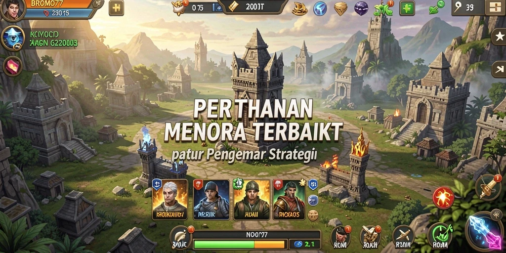 Tampilan gameplay seru di BROMO77 dengan menara strategi.