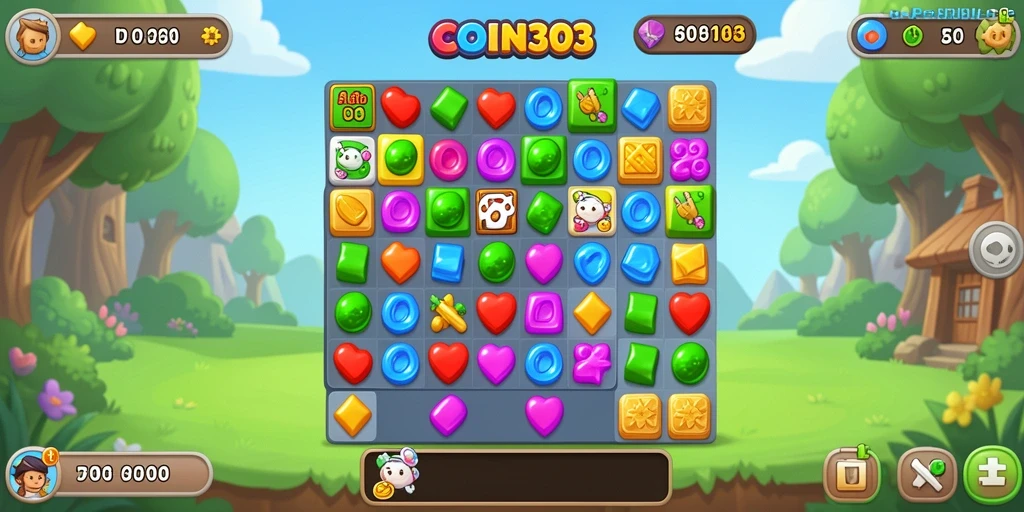 Tampilan gameplay seru dan colorful dalam COIN303, permainan Match-3 yang menantang.