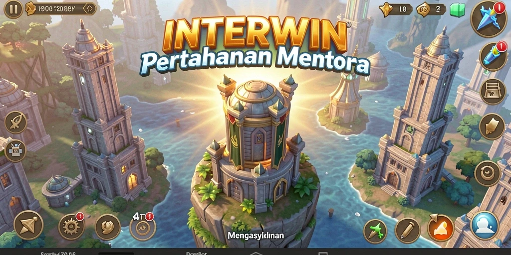 Tampilan gameplay INTERWIN menampilkan pertahanan menara yang dinamis dan serangan musuh.