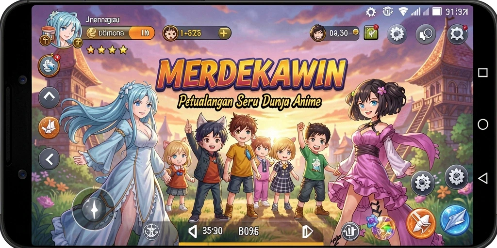 Screenshot gameplay MERDEKAWIN dengan karakter anime yang khas.